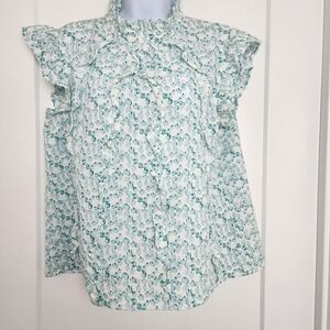 VOY Women S Ruffle Front Top Green Floral Romantic Fairycore Office Coastal